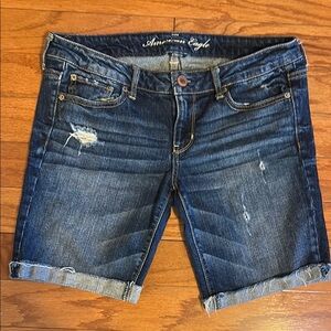 American Eagle Outfitters Dark Blue Distressed Denim Jean Shorts